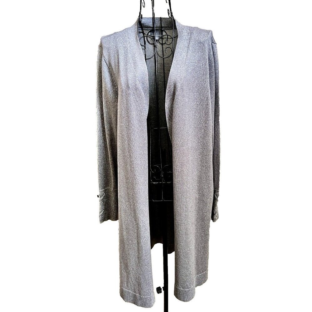 JM COLLECTION Womens Silver Open Shimmer Sweater Duster With Laced Cuff SIZE LG